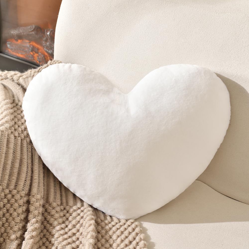 XIAIJIA Heart Pillow White Heart Shaped Pillow Soft Rabbit Fur Small Decorative Pillow for Bed Heart Cushion for Couch Girls Women Day Gift
