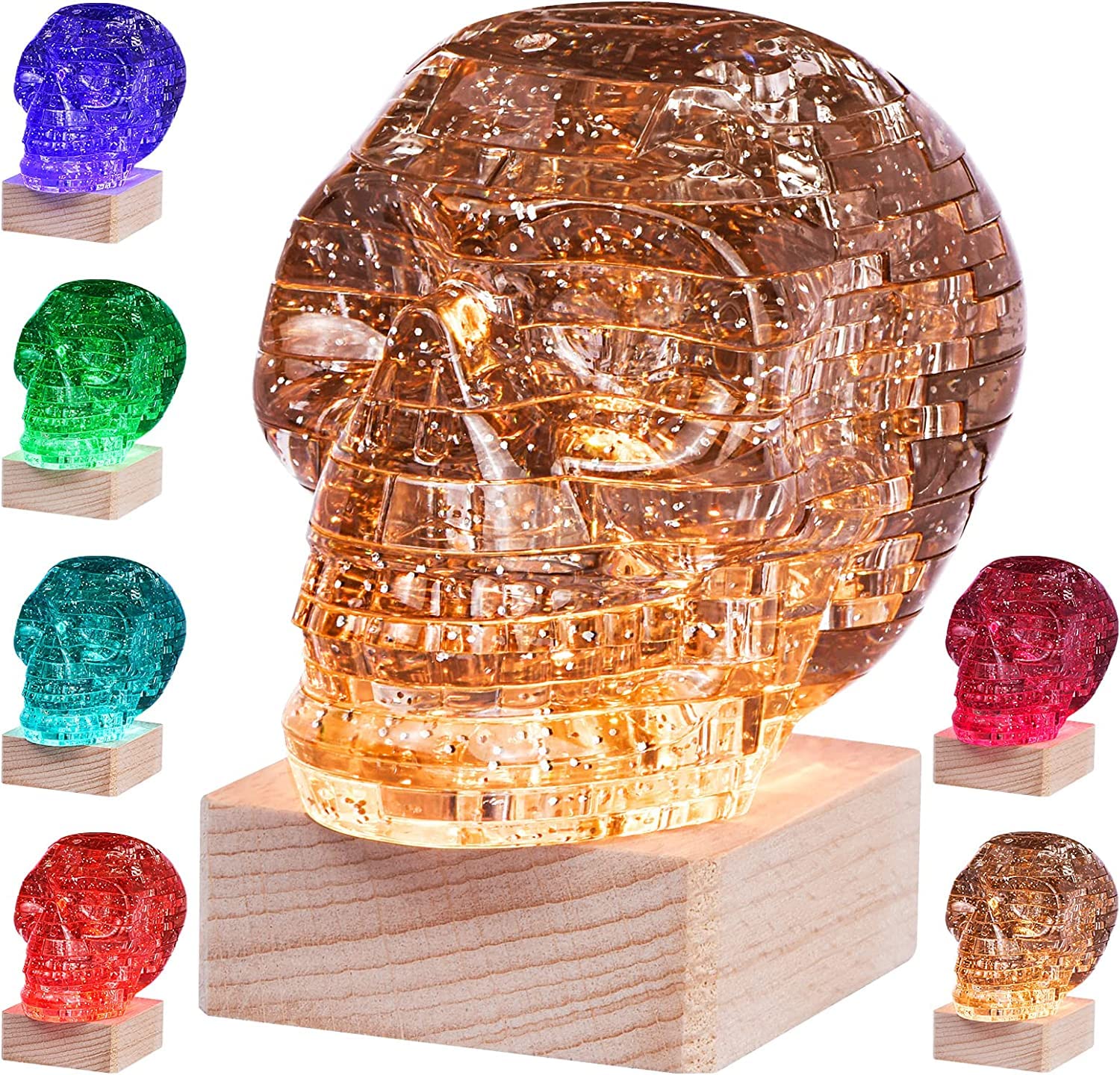 3D Skull Crystal Puzzle Original 3D Crystal Puzzle Assembly Brain Teaser with Light-Up Wood Base Plastic Skull Puzzle Blocks 3D Model Toy Ideal Gift for Adults Kid Ages 14 and Up Skull Grey