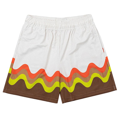 DIOTSR Mens Graphic Shorts Casual Streetwear Cool Basketball Shorts Running Workout Shorts with Pockets (Waves-White&CoffeeLarge)