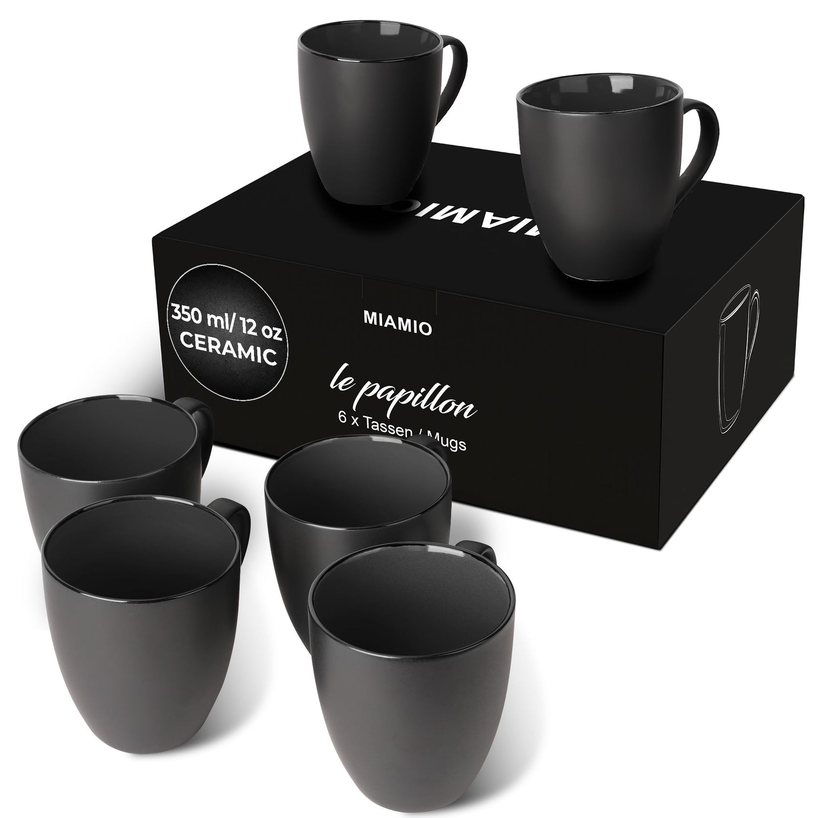MIAMIO - Juego de 6 tazas de café de gres de 12 onzas/juego de tazas - Colección Le Papillon (Negro)