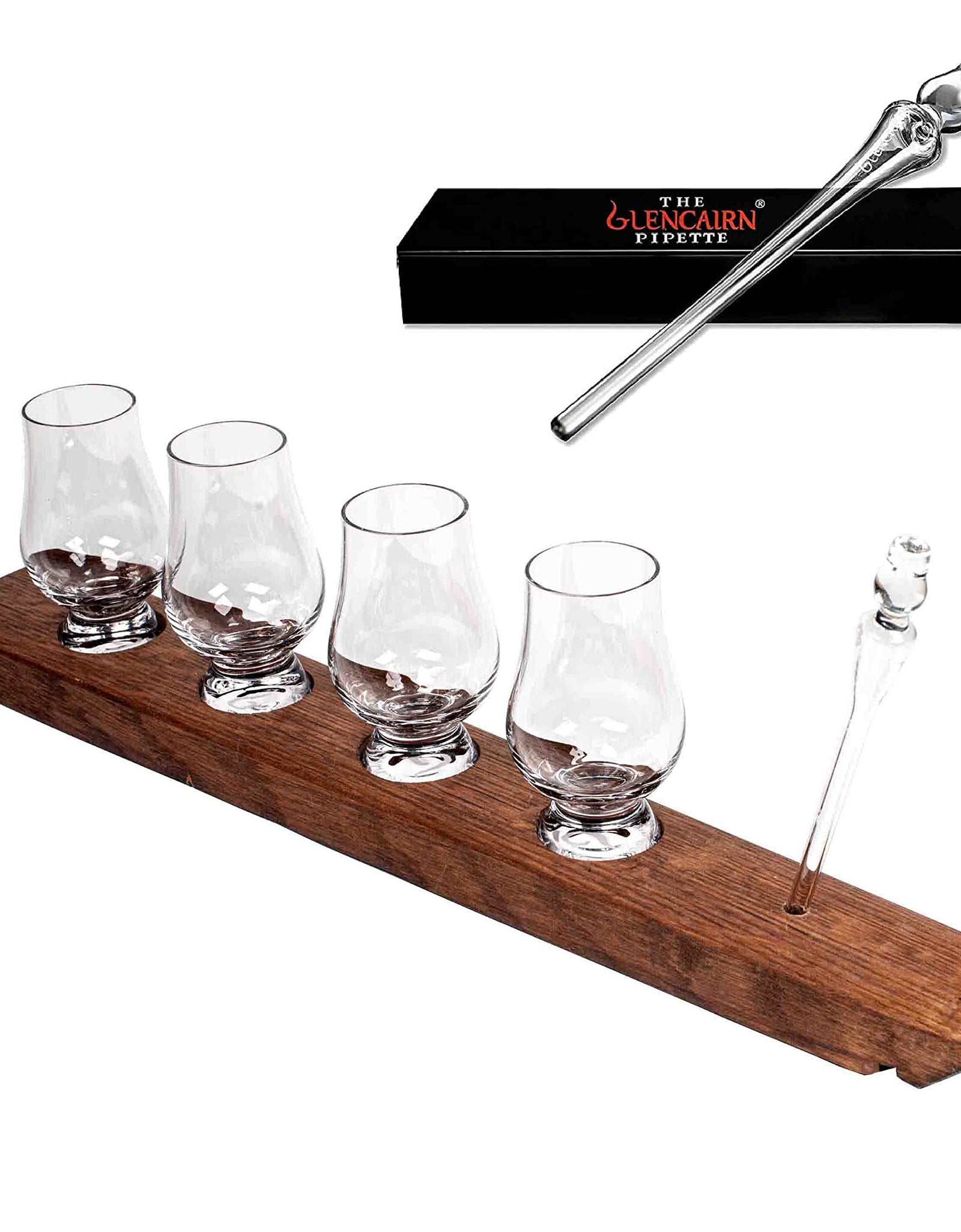 The Wee Glencairn Whiskey Flight Stave - Crystal Bourbon Glass Kit with Reclaimed Oak Barrel Stave Serving Tray Mini Glen Cairn Whisky Glass Set of 4 & Whiskey Glass Pipette Dropper