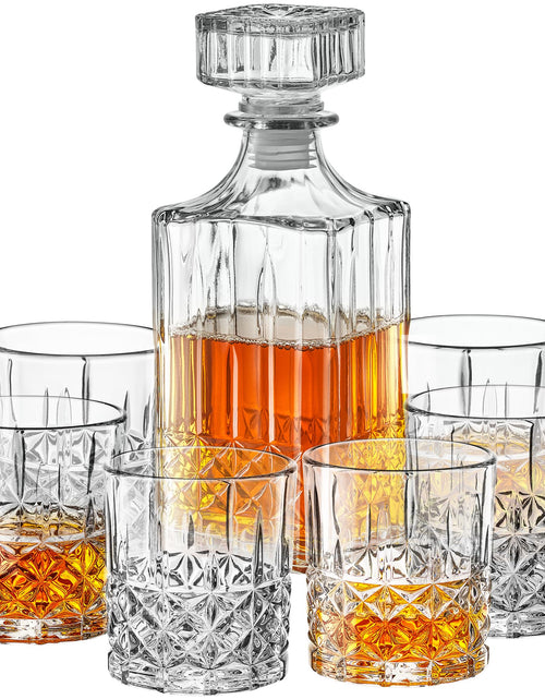 Load image into Gallery viewer, Whiskey Decanter Set with Glasses - Prestigious Whiskey Set with 25oz Liquor Decanter and 6 Glasses - Upscale Whisky Decanter &amp; Glass Set - Birthday Gifts for Men Dad Boyfriend Groomsmen Fathers Day
