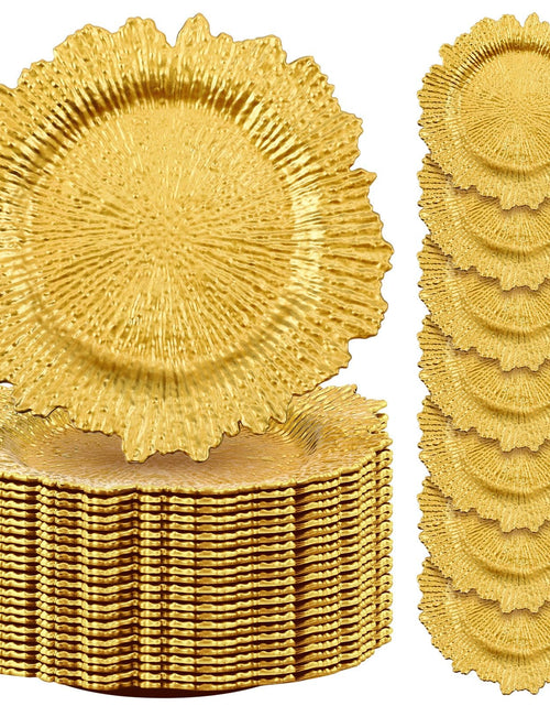 Load image into Gallery viewer, 50 Pcs 13 Inch Charger Plates Bulk Plastic Plate Chargers with Floral Reef Design Round Ruffled Rim Dinner Charger Plates for Dinner Wedding Party Event Table Setting Decoration(Gold)
