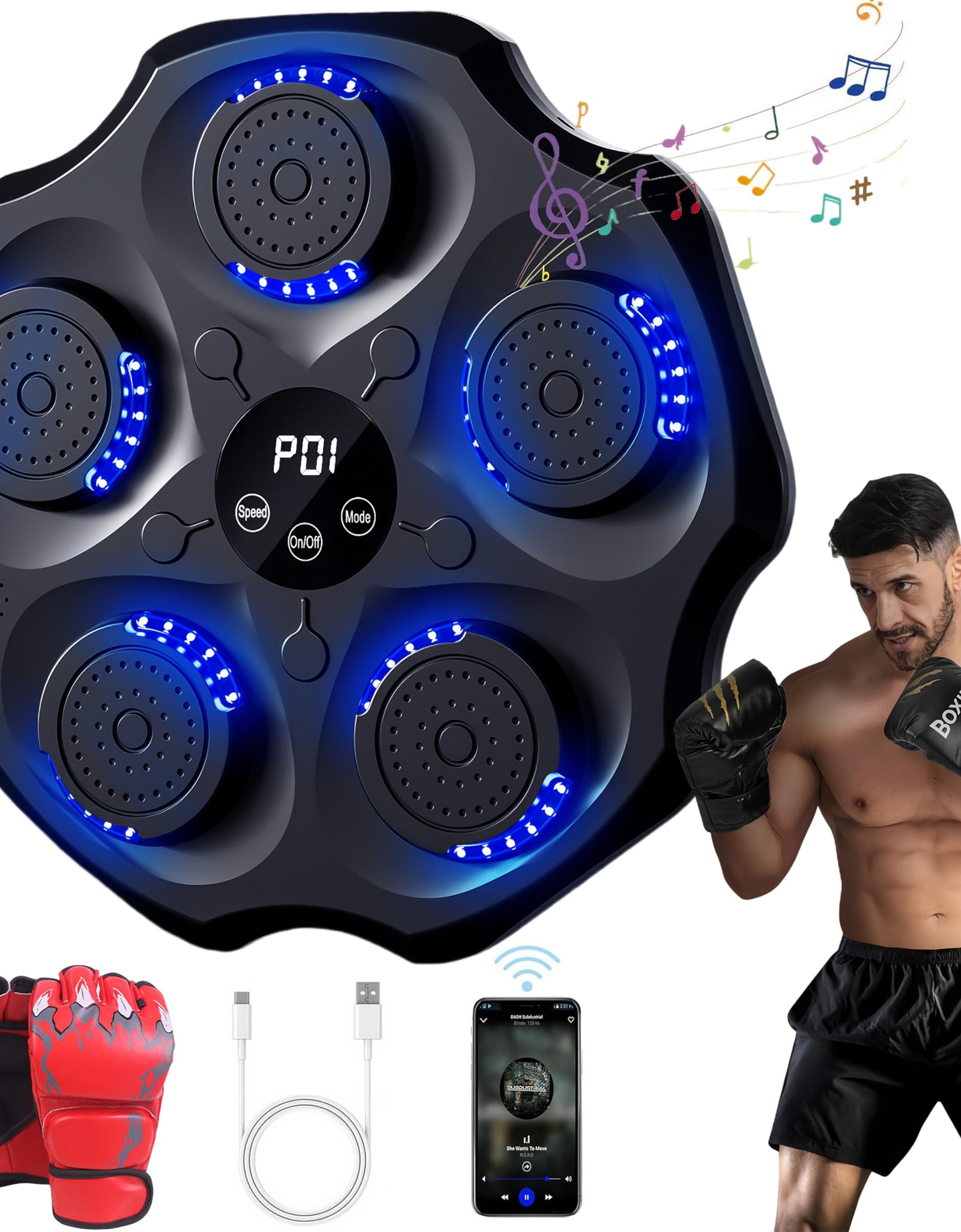 YCJYZLF Music Boxing Machine with Boxing Gloves Smart Bluetooth Music Boxing Machine Wall Mounted Electronic Boxing Target Home Workout Punching Equipment Music Boxing Machine for Adults and Kids