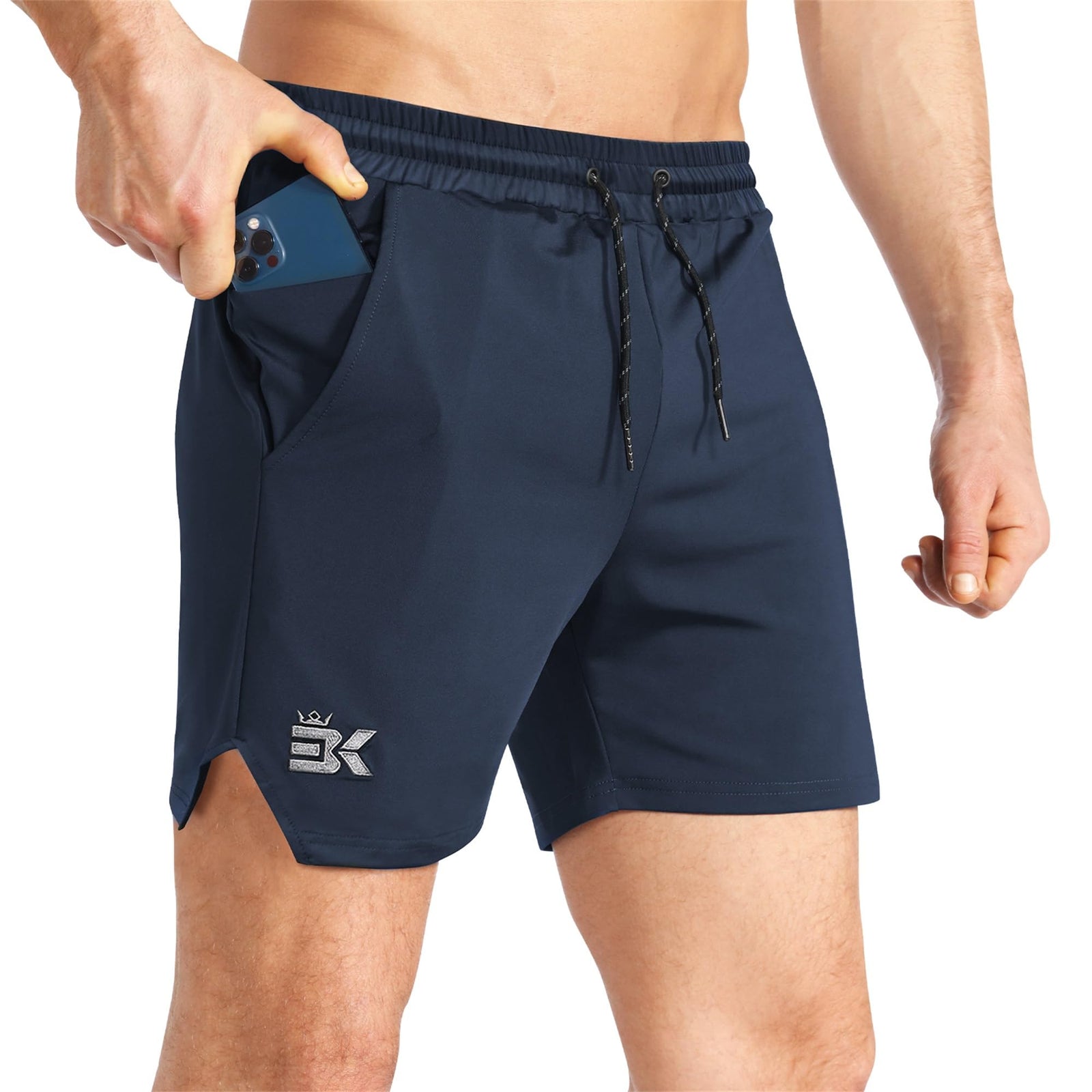 BROKIG Mens Inzip Lightweight Gym Workout Shorts Athletic Short Shorts Fitted Lifting Shorts with Zipper Pockets(SmallNavy Blue)