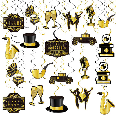 30 Piezas Decoraciones de Fiesta Remolinos de los Locos Años 20, Negro Dorado, Decoración Retro Colgante en Espiral para Aniversario, Fiesta de Cumpleaños, Suministros para Fiesta de Boda, Jazz, Flapper Vintage de los Años 20