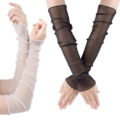 OIIKI 2 Pairs Womens Long Ultra-thin Lace Gloves Sun UV Protection Cooling Mesh Tulle Sunscreen Sleeves Fingerless Arms Legs Accessories for Party Outdoor Sport Activities- 50cm Black/White