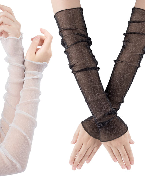 Load image into Gallery viewer, OIIKI 2 Pairs Womens Long Ultra-thin Lace Gloves Sun UV Protection Cooling Mesh Tulle Sunscreen Sleeves Fingerless Arms Legs Accessories for Party Outdoor Sport Activities- 50cm Black/White
