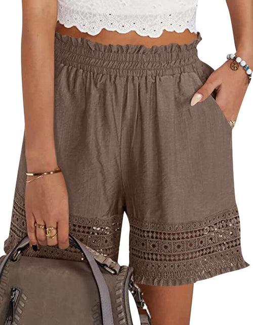 Load image into Gallery viewer, Shorts for Women Casual Elastic Waist Yoga Lounge Shorts Comfy Stretch Lace Trim Summer Beach Linen Ruffle Shorts Brown

