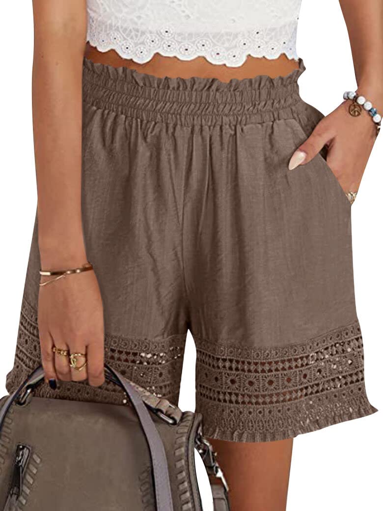 Shorts for Women Casual Elastic Waist Yoga Lounge Shorts Comfy Stretch Lace Trim Summer Beach Linen Ruffle Shorts Brown
