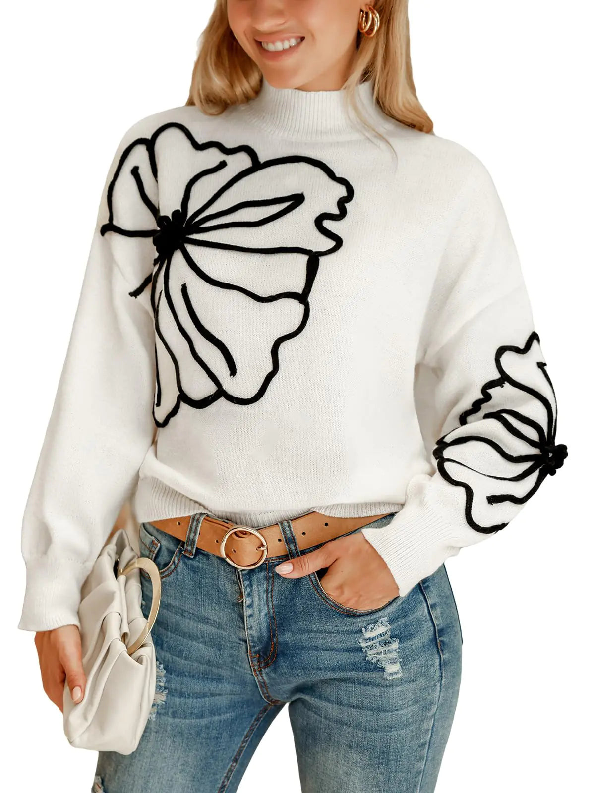 CUPSHE Suéter de manga larga para mujer, otoño 2024, cuello alto, floral, jerséis, tops, blanco L