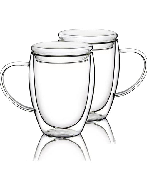Cargar imagen en el visor de la galería, Tazas de café de cristal de doble pared de 12 oz, paquete de 2, tazas de café transparentes con tapas, tazas de café aisladas con asa, perfectas para capuchino, té, leche, espresso, latte, bebidas calientes, juego de 2 (tapa de cristal de 12 oz)
