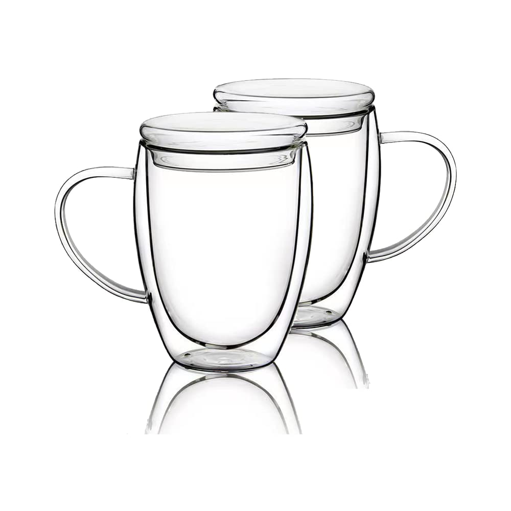 Tazas de café de cristal de doble pared de 12 oz, paquete de 2, tazas de café transparentes con tapas, tazas de café aisladas con asa, perfectas para capuchino, té, leche, espresso, latte, bebidas calientes, juego de 2 (tapa de cristal de 12 oz)