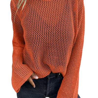 Allimy Suéteres de Mujer Calados de Ganchillo Tejidos Metálicos Cuello Redondo Manga Larga Suéter Jersey Abrigo Naranja S