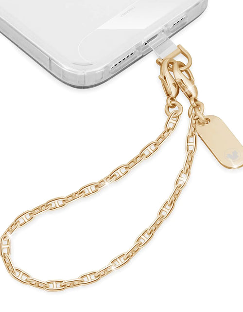 Cargar imagen en el visor de la galería, Cadena de teléfono UKON, correa de muñeca para teléfono, cordón de metal para teléfono, correa de teléfono a la moda, dijes de teléfono ligeros con 2 pestañas de sujeción de TPU para mujeres de compras, viajes, fiestas (dorado)
