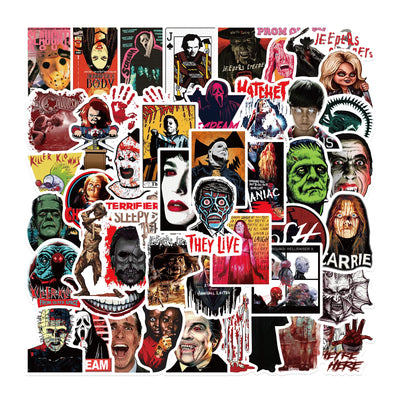 Gxizlba 50 Pcs Horror Stickers Horror Movies Scary Movie Gifts Spooky Decorations Halloween Party Gifts Sticker Kids Teens Adults DIY Bumper Helmet Journal Phone Laptops Decals