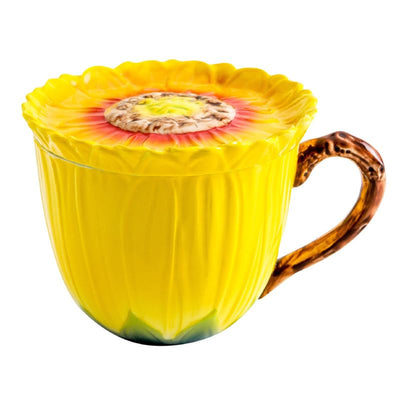 Beddinginn Ceramic Tea Cup Coffee Mug for Office and Home Hand Painted Sunflower Art Tea Mug with Lid Dishwasher and Microwave Safe- 12.8OZ
