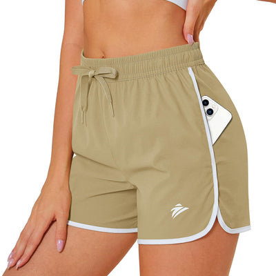 MAGOCOMSEN Womens Athletic Shorts with Pockets 3 Inch Sport Shorts Quick Dry Running Workout Shorts Khaki Shorts M