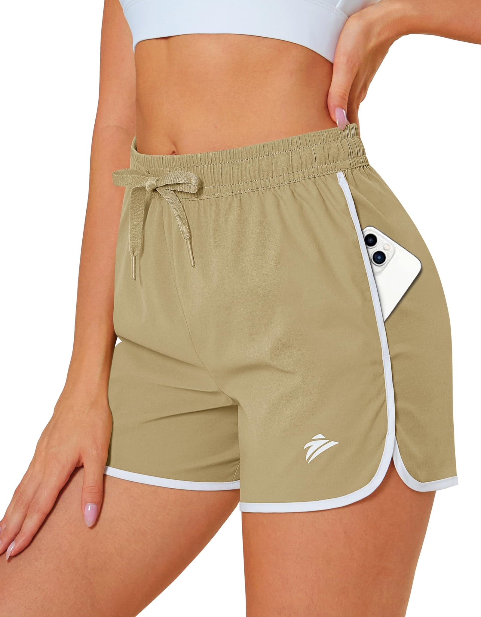 MAGOCOMSEN Womens Athletic Shorts with Pockets 3 Inch Sport Shorts Quick Dry Running Workout Shorts Khaki Shorts M