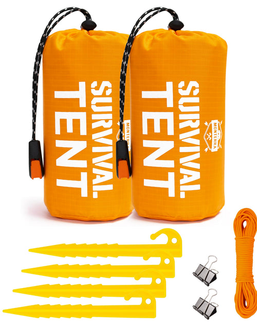 Load image into Gallery viewer, Monterra Emergency Tent 2 Person Survival Shelter Thermal Mylar Waterproof Outdoor Camping Gear and Equipment Survival Kits Compact Bivvy Tarp Includes Paracord and Accessories. (Orange 2 Pack)
