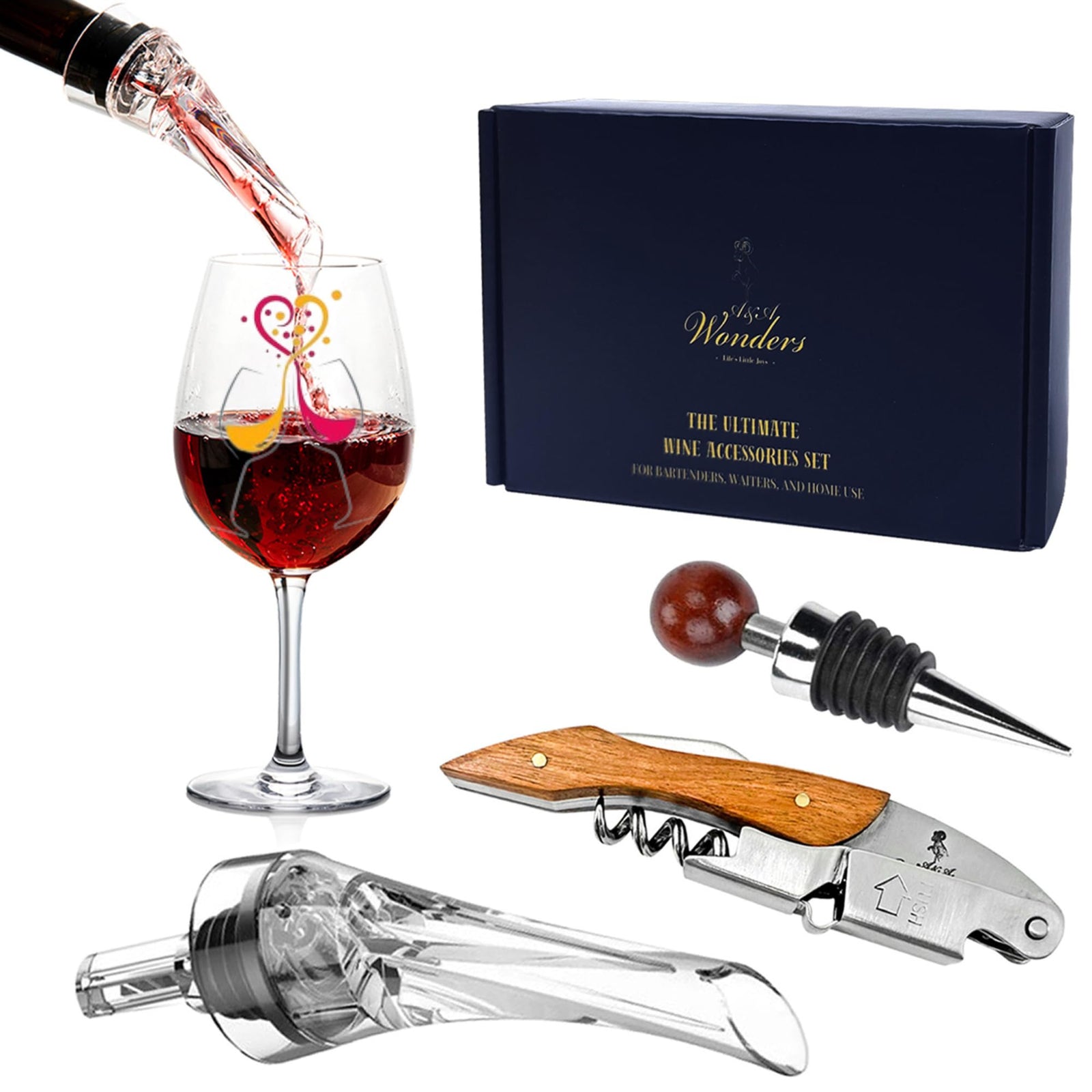 A&A Wonders Wine Accessories Set Featuring 3 in-1 Multifunctional Waiters Corkscrew Bottle Opener Wine Aerator Pourer Spout & Decanter Air-Tight Wine Stopper.