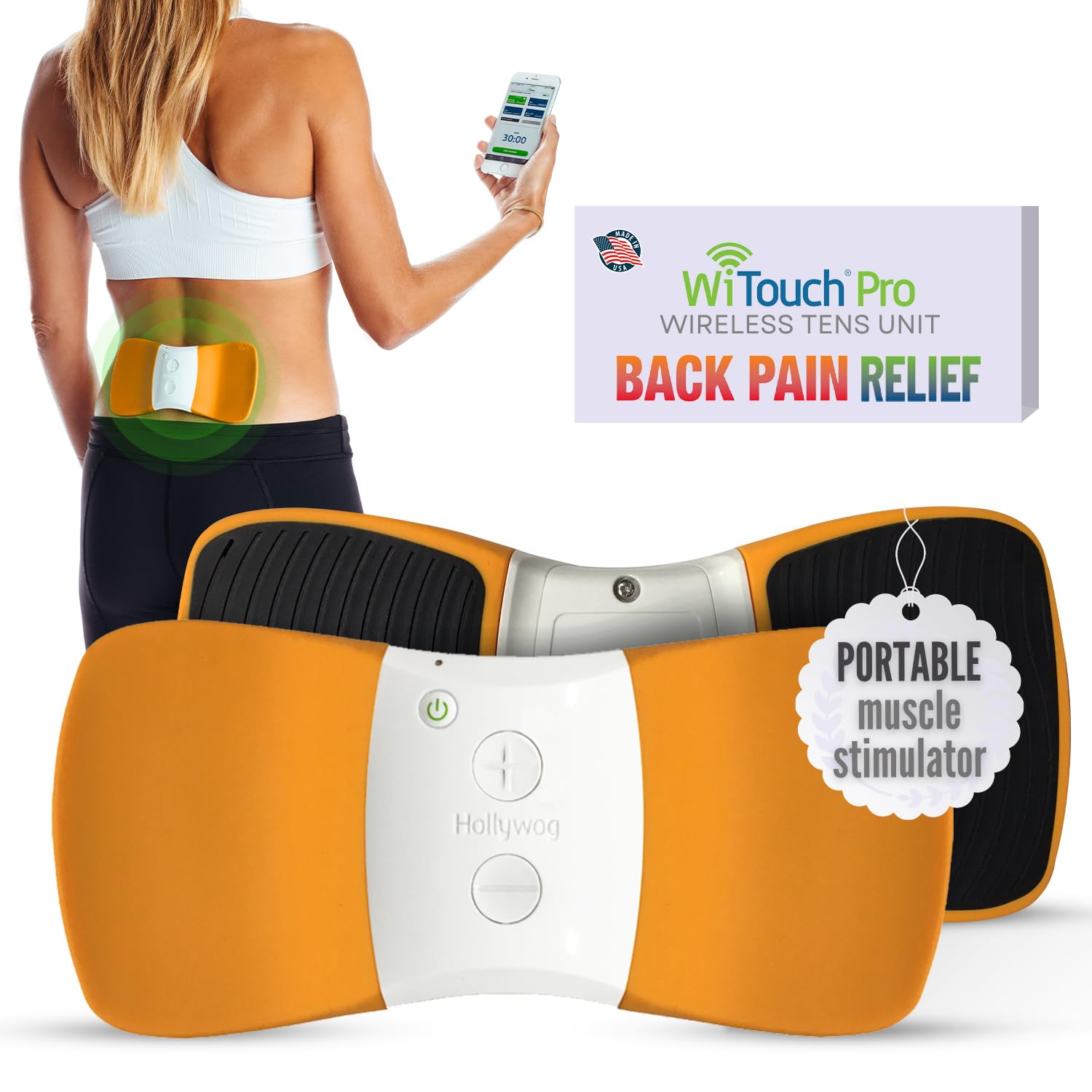 WiTouch Pro TENS Unit for Back Pain Relief & Recovery Wireless Wearable Muscle Stimulator Made in USA Gel Pads Included