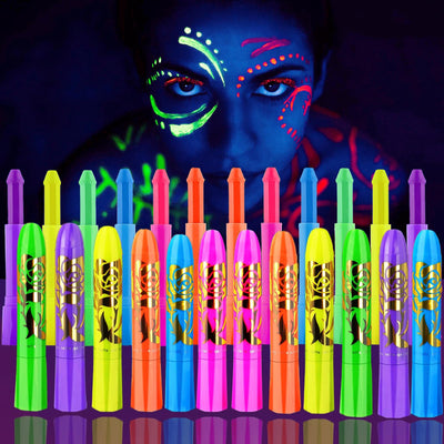 12 Pièces Peinture Visage et Corps Lumineuse Lumière Noire Maquillage Fluorescent Kit Peinture Faciale Néon Bâtons de Peinture pour Enfants Adultes Fête d'Halloween Lumineuse