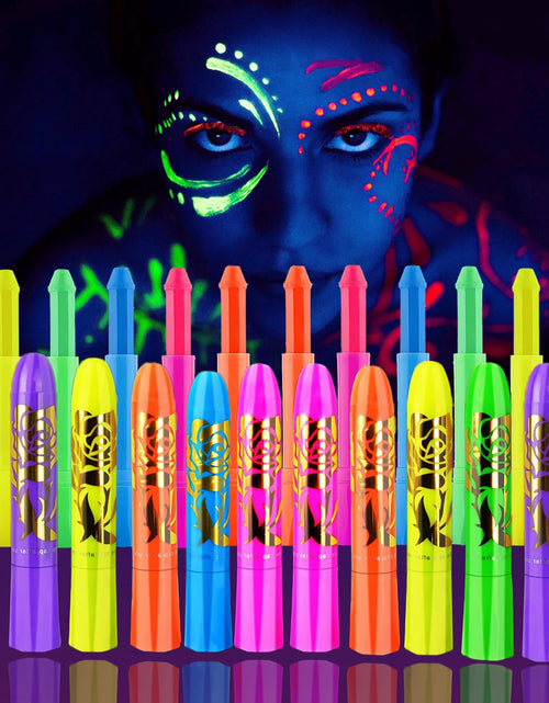 Cargar imagen en el visor de la galería, 12 piezas de maquillaje que brilla en la oscuridad para cara y cuerpo con luz negra, kit de pintura facial que brilla en la oscuridad, barras de pintura de neón para niños y adultos en fiestas de Halloween que brillan en la oscuridad
