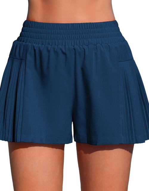 Load image into Gallery viewer, ATTRACO Cute Swim Shorts Women High Rise Swimming Shorts Pleated Swim Bottom Beach Shorts Blue L
