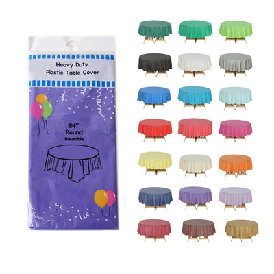 Evershine Case of 48 Pack Bulk Heavy Duty Purple Round 84" Plastic Table Covers Tablecloth (Reusable) (Round 84" Purple)