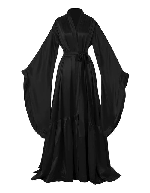 Load image into Gallery viewer, Daily Life Mall Silk Satin Bridal Dressing Gown Illusion Lingerie Nightgown Bathrobe Sleepwear Long Lingerie Black Boudoir Wedding Scarf
