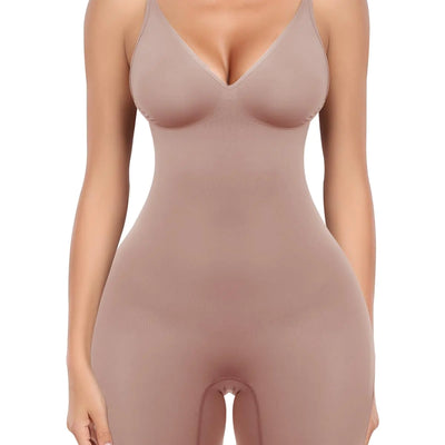 overflair Shapewear Bodysuit for Women Tummy Control Deep V Neck Body Shaper Butt Lifting Fajas Seamless Thigh Slimmer Shorts Nude L