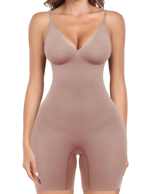 Load image into Gallery viewer, overflair Shapewear Bodysuit for Women Tummy Control Deep V Neck Body Shaper Butt Lifting Fajas Seamless Thigh Slimmer Shorts Nude L
