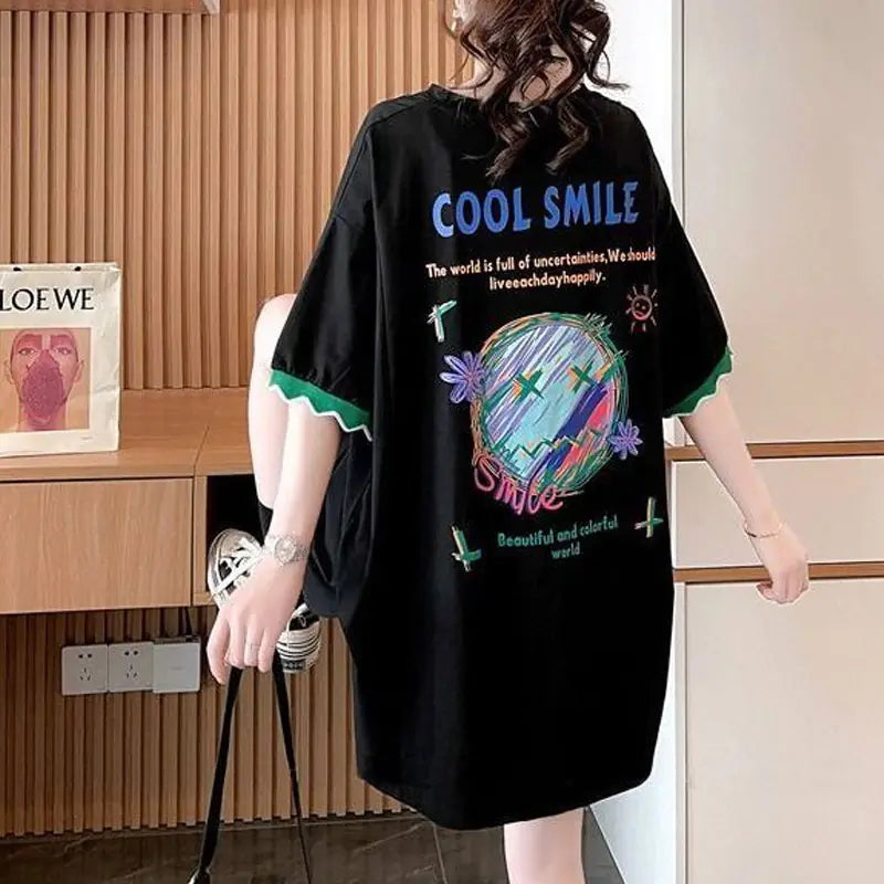 Patchwork Print Oversized Women's Casual T-Shirts