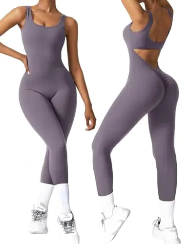 Load image into Gallery viewer, Vertvie Sleeveless Jumpsuits for Women Sexy Backless Workout One Piece Bodysuits Seamless V Back Scrunch Butt Yoga Rompers(LargePurple)

