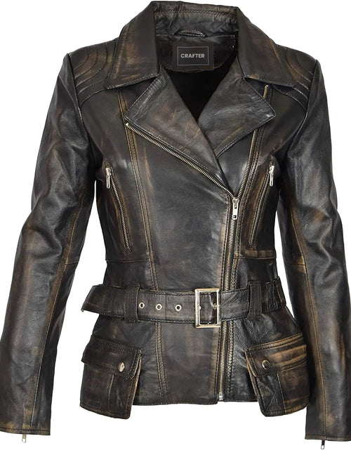 Load image into Gallery viewer, Womens Genuine Lambskin Leather Jacket | Classic rider leather jacket | Black Leather Jacket Women | Womens Leather Jacket (US Alpha x_s Regular Regular Distressed Coat)

