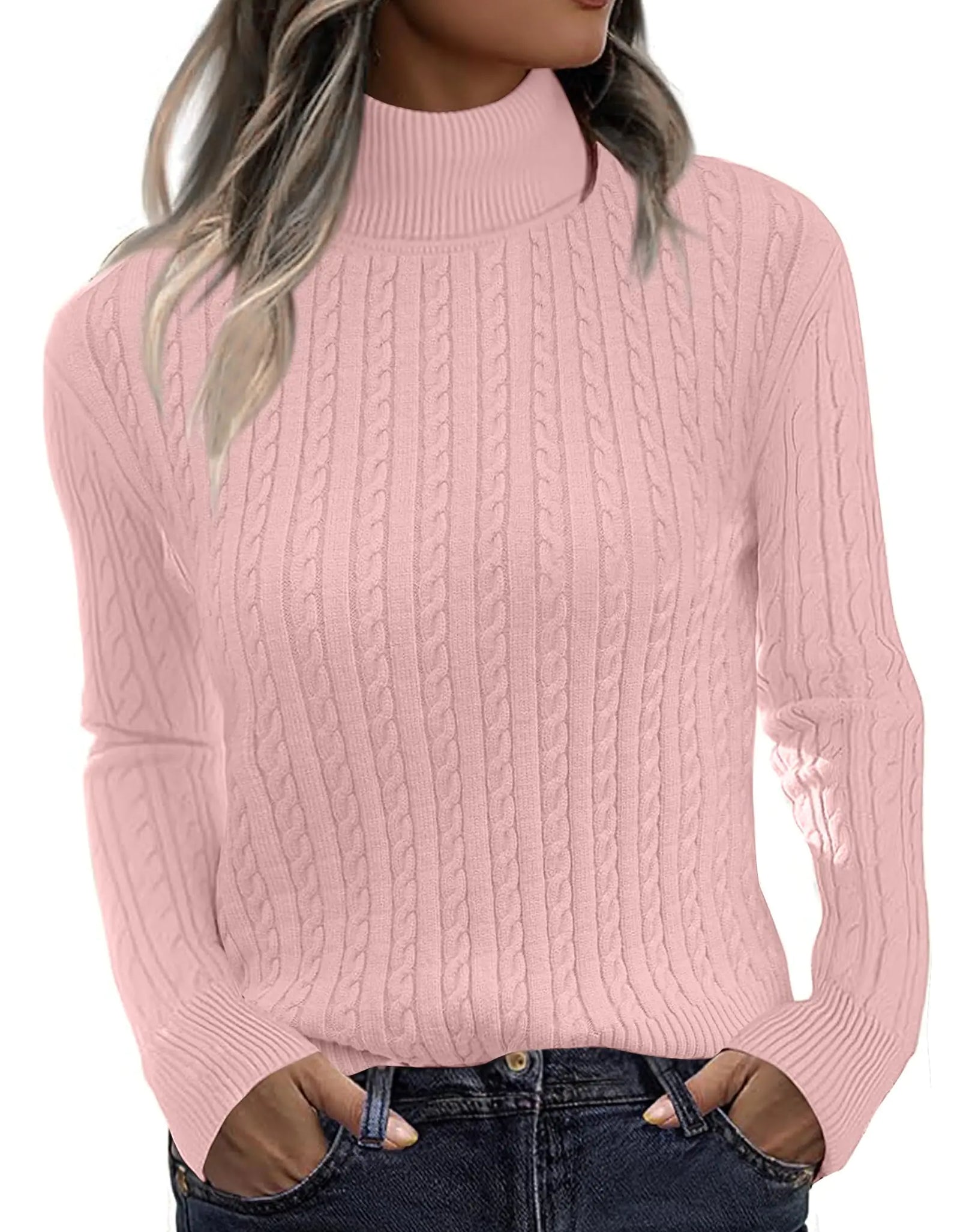 Zeagoo Womens Sweaters 2024 Turtleneck Cable Knit Long Sleeve Slim Fitted Basic Fall Tops Pink