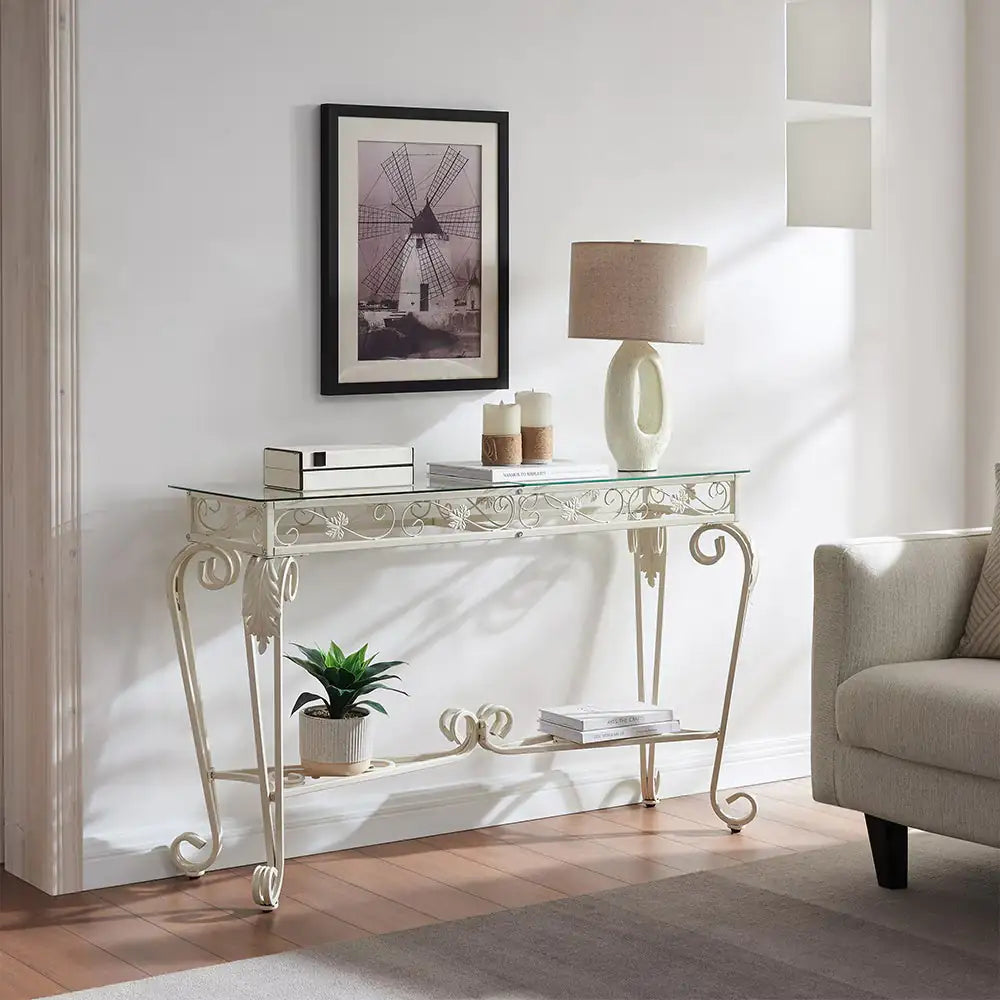 Mesa consola moderna de 2 niveles de cristal templado, mesa de entrada, mesa de sofá con estantes de almacenamiento