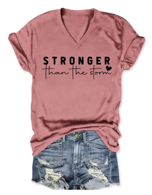 Load image into Gallery viewer, BVNTGSR Stronger Than The Storm Tshirt Women Christian V Neck T Shirts Religious Faith Graphic Tees Inspirational T-Shirts
