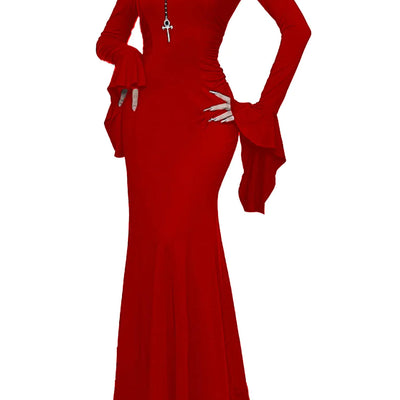 TSMNZMU Gothic Maxi Dresses for Women Dark Style Slim Long Dresses Long Flare Sleeve V-Neck Vintage Evening Dress