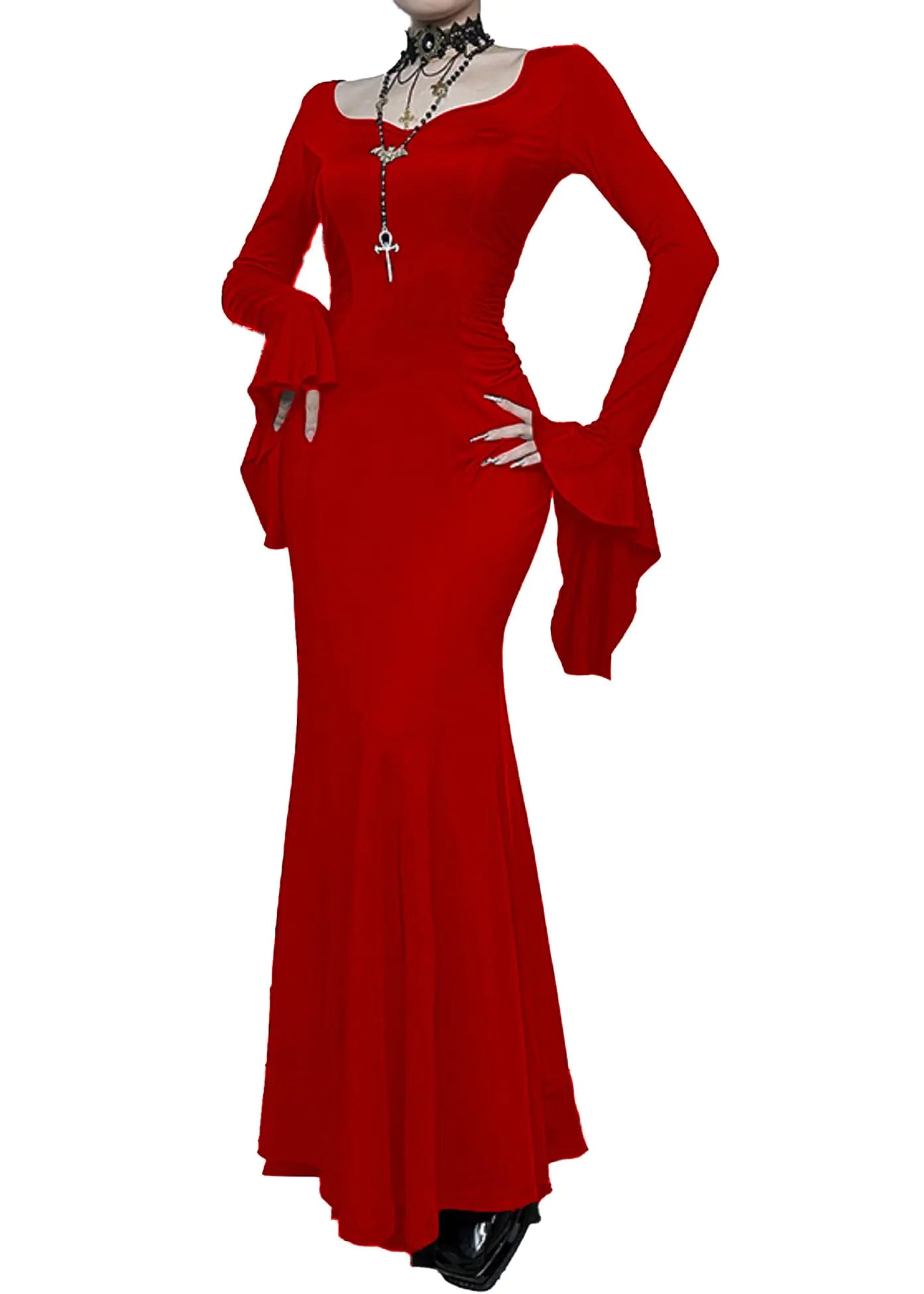 TSMNZMU Gothic Maxi Dresses for Women Dark Style Slim Long Dresses Long Flare Sleeve V-Neck Vintage Evening Dress
