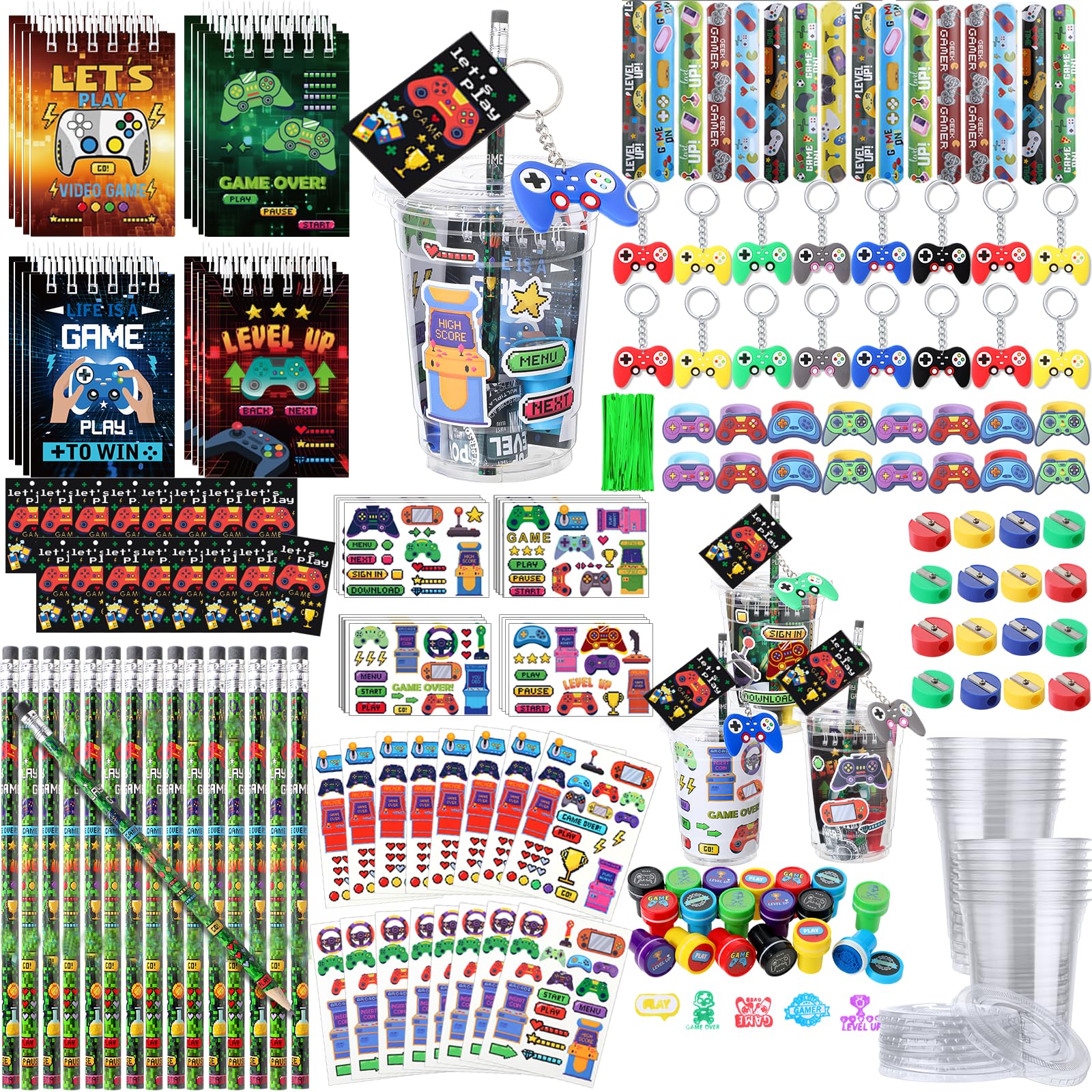 RoundFunny 177 Pcs Video Game Party Favors Drinking Cups Notebook Pencils Sharpener Keychain Slap Bracelets Ring Stamp DIY Sticker Tattoo Sticker Tag Twist Tie for Boy Kid Birthday Gamer Reward Gift