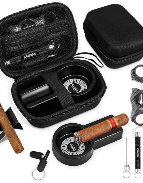 Load image into Gallery viewer, Multifunctional Cigar Accessories 5-in-1 Kit - V Cigar Cutter Cigar Draw Enhancer Tool Cigar Ashtray Cigar Holder Cigar Punch with Accessory Bag for Smoking Travel Outdoor Cigar Gifts for Men
