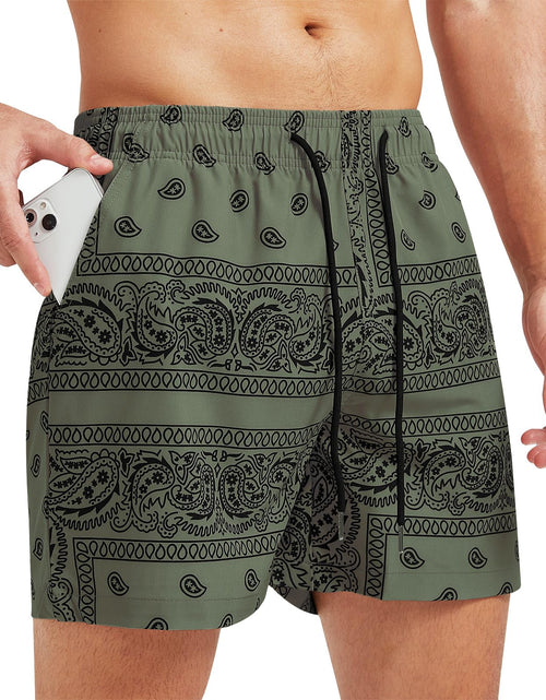 Charger l'image dans la visionneuse de galerie, Surenow Mens Casual Shorts Boho Tribal Print Drawstring Waist Shorts with Pocket Lightweight Summer Bandana Shorts for Men Green
