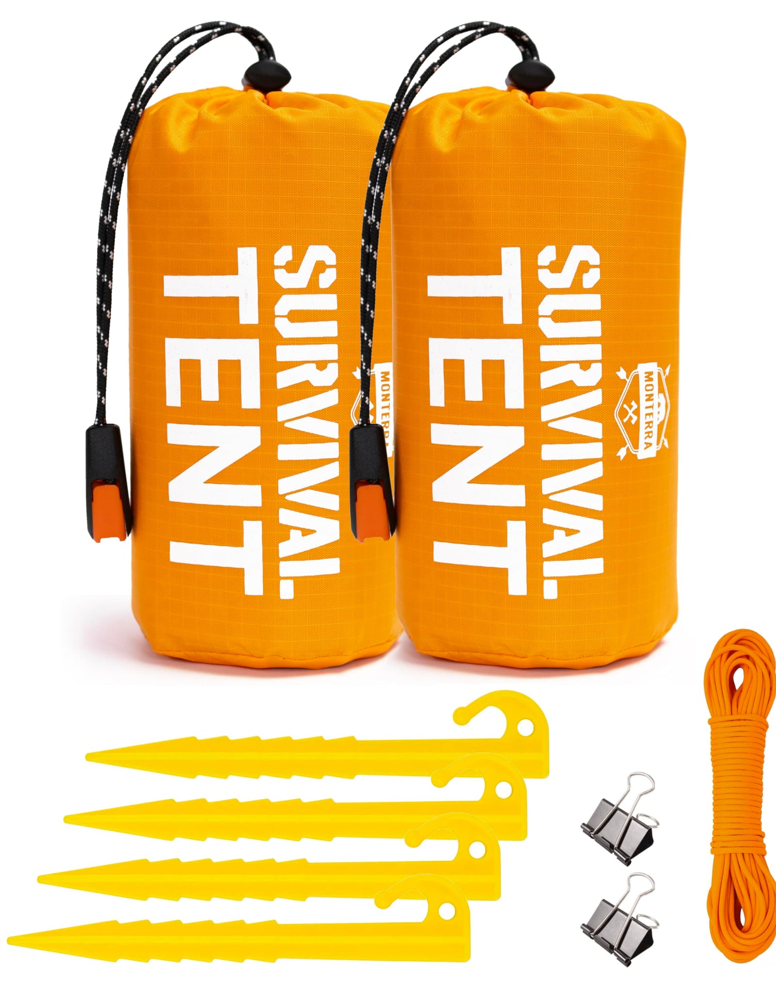 Monterra Emergency Tent 2 Person Survival Shelter Thermal Mylar Waterproof Outdoor Camping Gear and Equipment Survival Kits Compact Bivvy Tarp Includes Paracord and Accessories. (Orange 2 Pack)