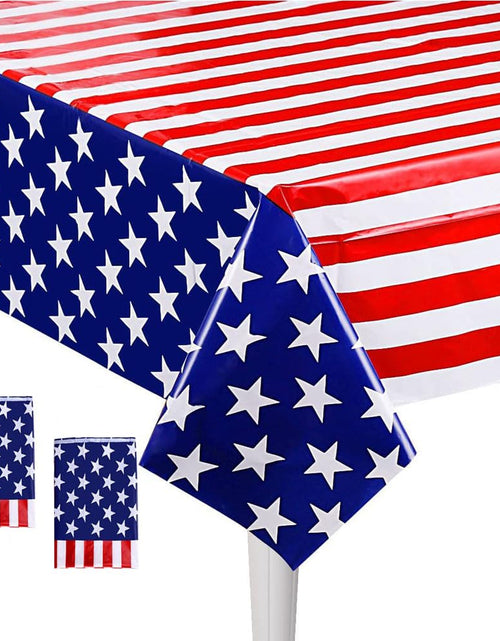Load image into Gallery viewer, RCFFDL 4th of July Tablecloth 2 Pack USA Plastic Table Cover for Independence Day Disposable Rectangular Table Cloth for 4th of July Party Supplies 54 x 108
