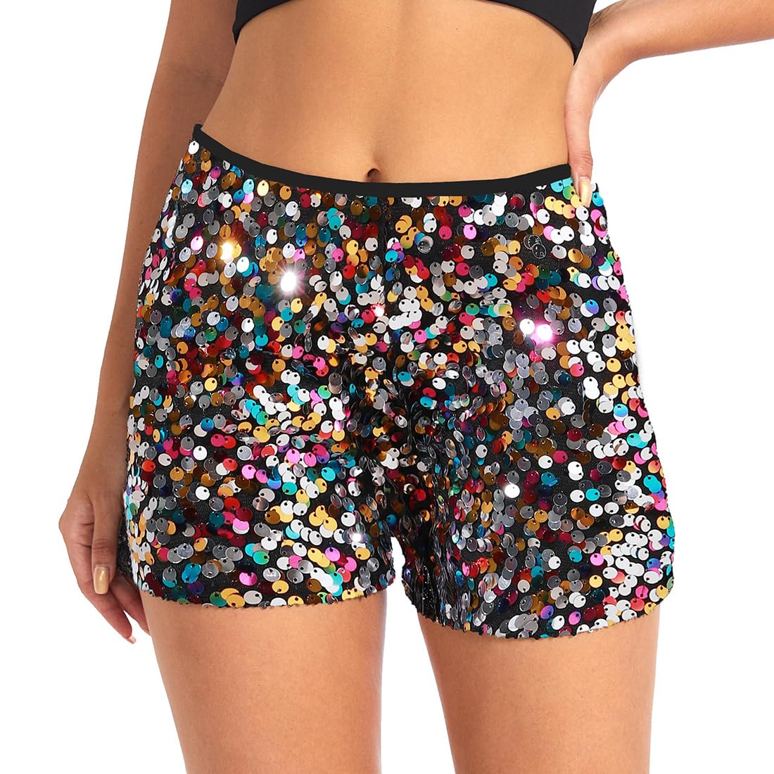Womens Sequins Shorts Glitter Metallic Sparkle Party Shorts Tour Concert Outfit Performance Clubwear Rave Shorts M