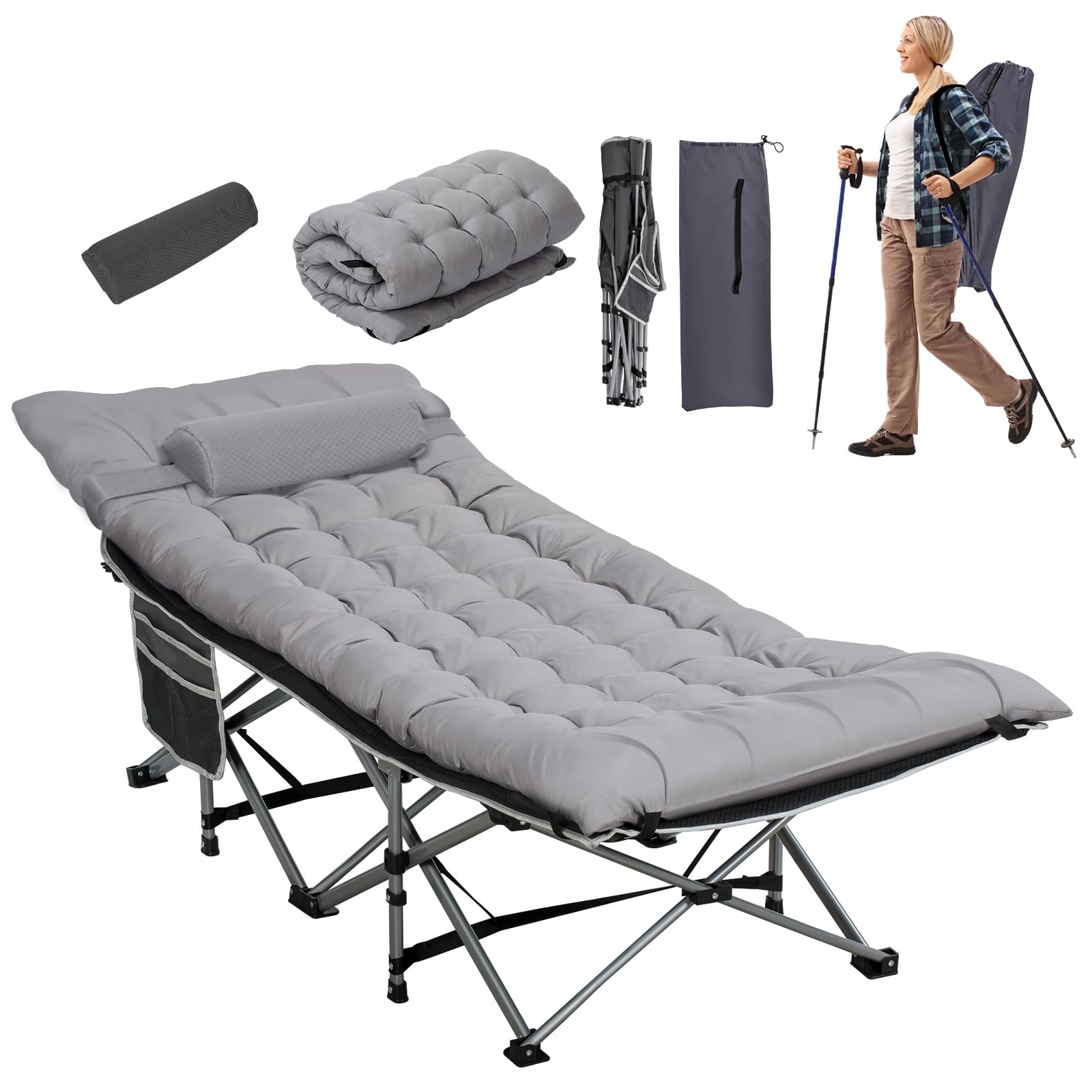 Cunas plegables anchas de camping LOENIY con almohada y colchón extra grueso, cunas para dormir de 900 libras, cama de camping para adultos con cojín (gris)