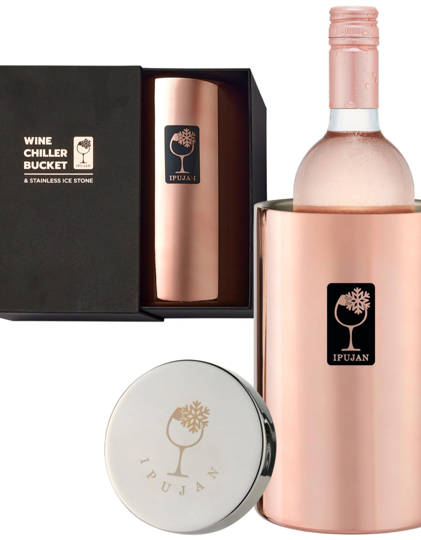 IPUJAN Wine Chiller Bucket with Stainless Ice Stone - Wine Gifts Set of 750ml wine ice bucket cool up to 5 hours - Insulated double walled champange bucket for single bottle(Rose Gold)