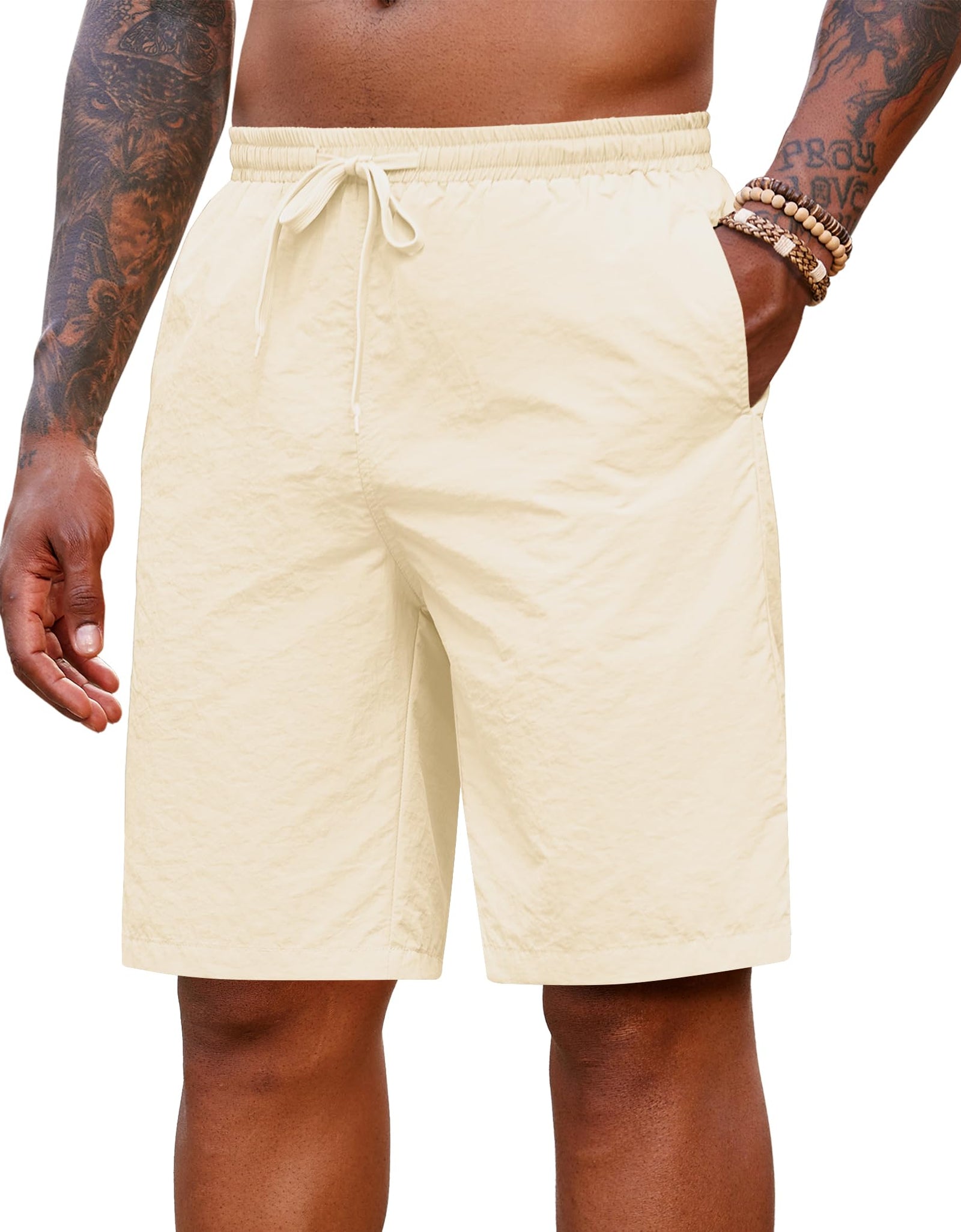 COOFANDY Mens Casual Shorts 9" Inseam Elastic Waist Lightweight Summer Walking Shorts with PocketsBeigeSmall